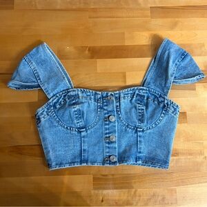 Light Wash Denim Cropped Bustier Tank with Button Front